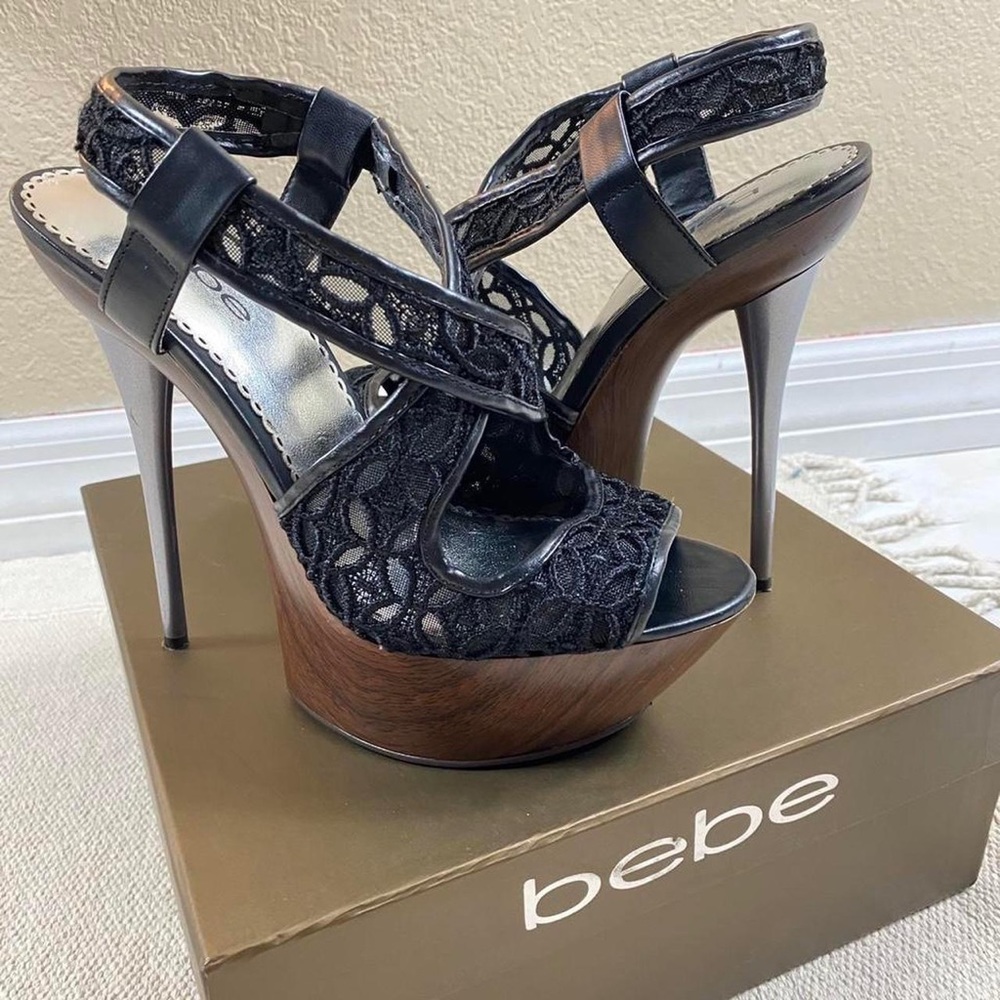 Bebe Size 8 Black Heels Floral Lace Stilettos 5” High-Heels Womens Pumps Shoes